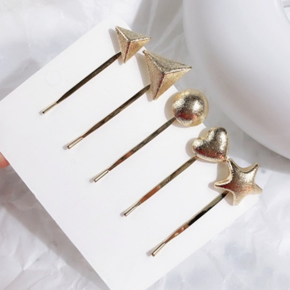 Holiday Gold Hair Clips Geometric Star Hearts Gold Shimmer Hair Clips Set of 5! - Picture 7 of 7